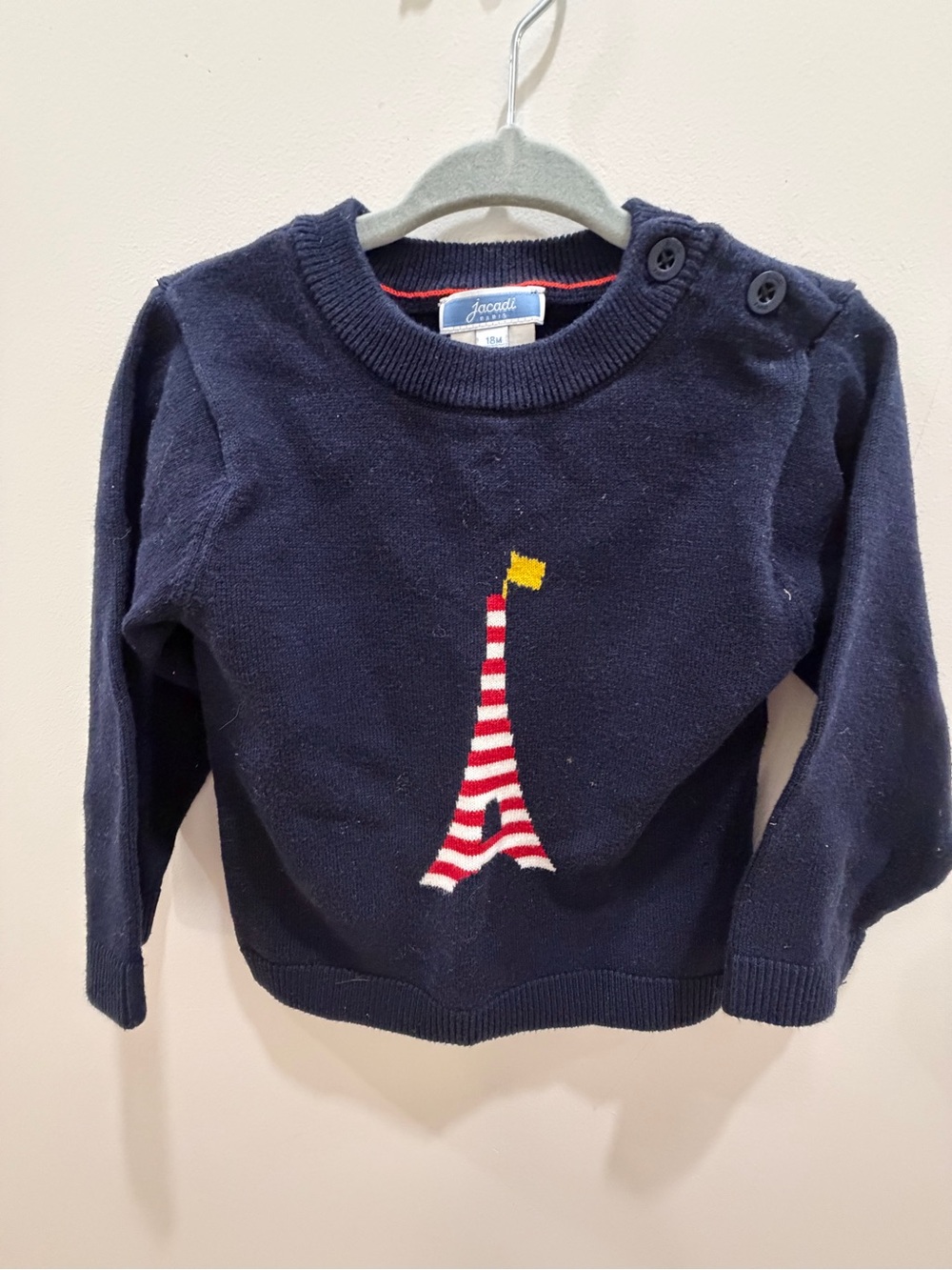 Jacadi Navy Sweater with Red & White Eiffel Stripe and Yellow Flag